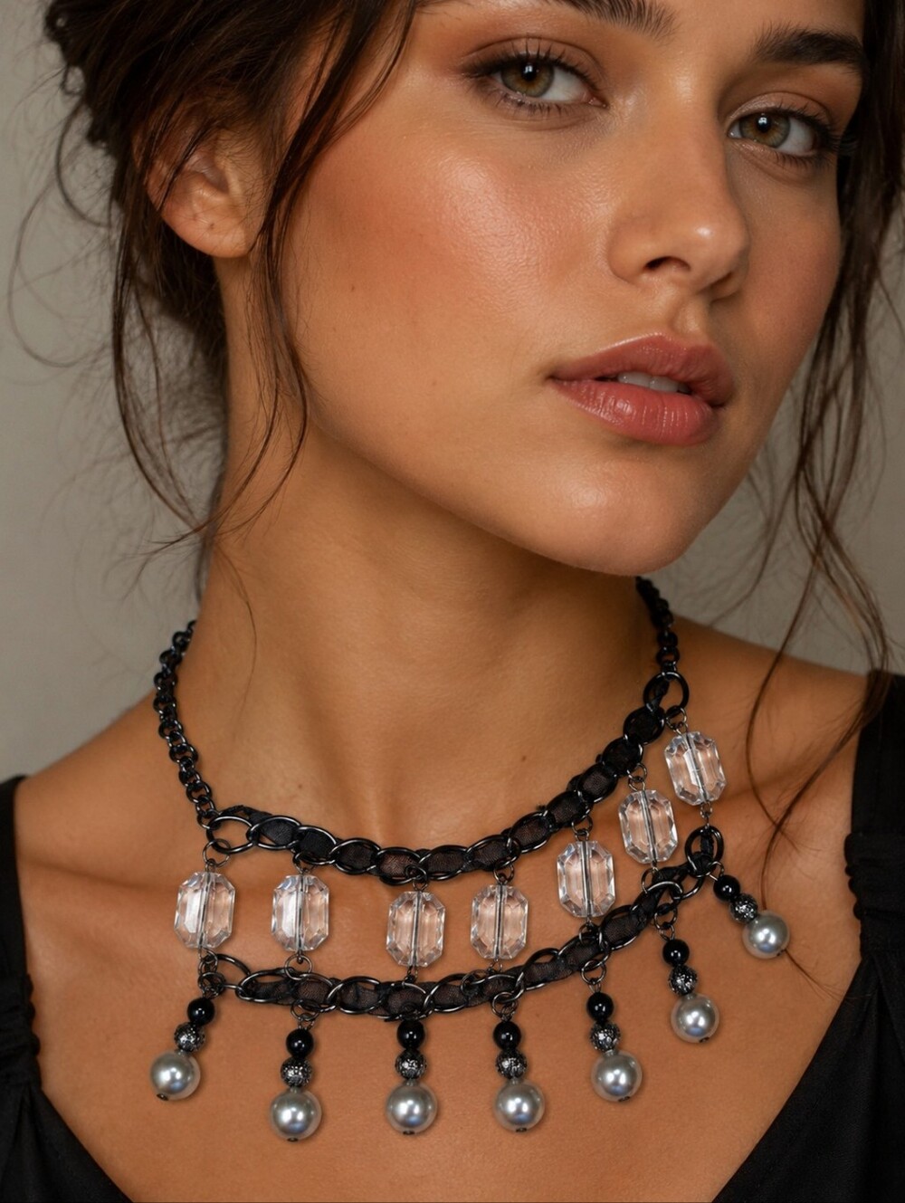Statement Choker Necklace Victorian Revival Crystal & Beaded Faux Pearl Fringe